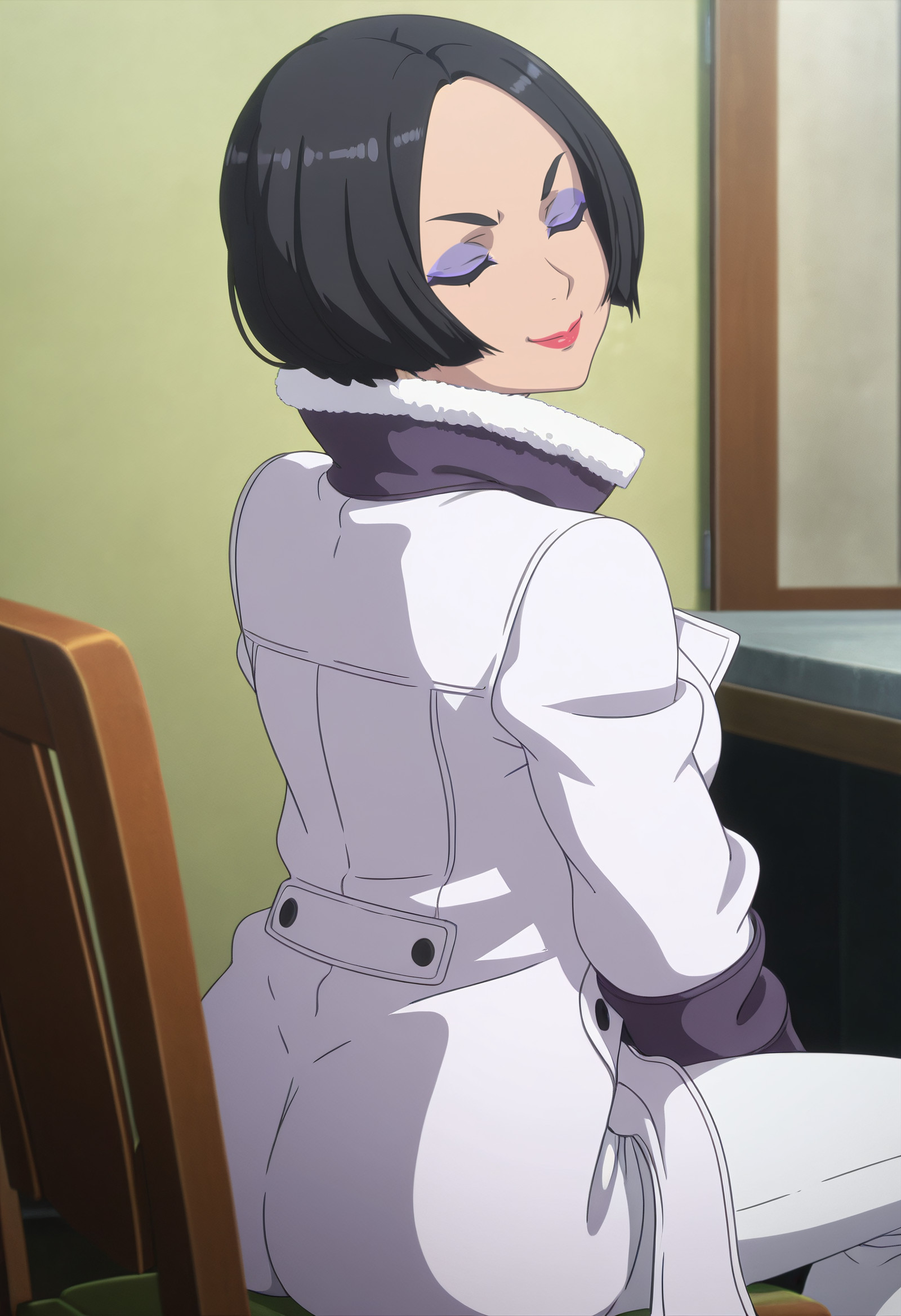    masterpiece, best quality, amazing quality, anime_screencap, anime_coloring, Closed eyes, blissful expression, content smile, KNKNaomi, black_hair, short_hair, makeup, lipstick, black_eyes, bob_cut, red_lips, purple_eyeshadow,  solo, winter clothes, winter coat, white coat, white pants, fur-trimmed coat,  sitting, on chair, from behind, cowboy shot, <segment:girl's face,0.55,0.2//cid=11> Closed eyes, blissful expression, content smile, KNKNaomi, black_hair, short_hair, makeup, lipstick, black_eyes, bob_cut, red_lips, purple_eyeshadow, 