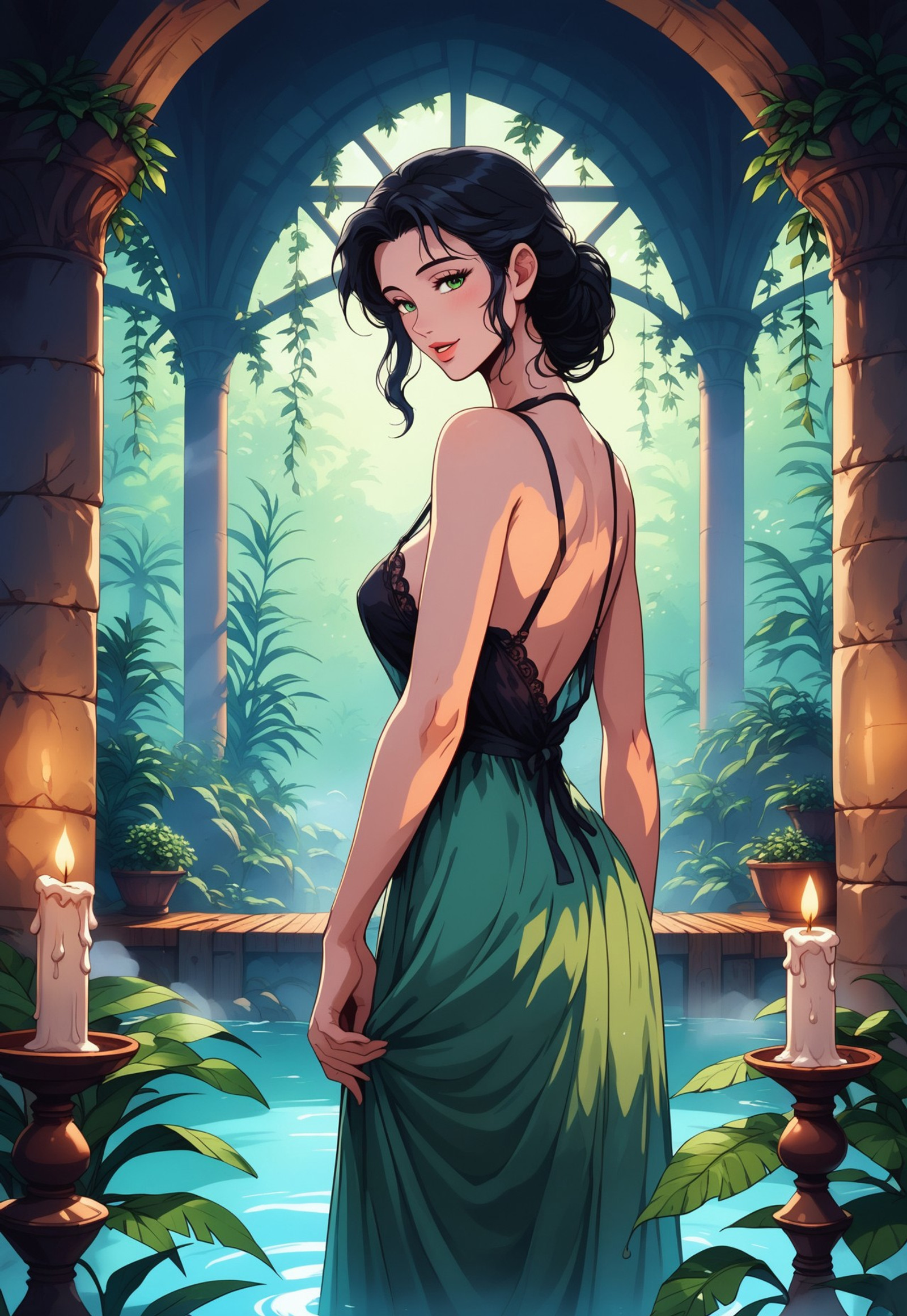 safe_pos, score_9, score_8_up, score_7_up, score_6_up, score_5_up, beautiful mature woman, detailed face, green eyes, short black hair, long tendrils, (thighs up shot, sideview, from behind), looking at viewer, (medium breasts, perfect anatomy body), arched back, closeup of face, seductive look, seductive expression, sensual, (vineyards, Castle in the background), standing, super detailed, (dusk, candles, gentle sunlight), easynegative, (wearing loose black nightie, undressing), steam, immersed in wood tub sauna, (dinamic angle:1.3), (big green plants, wide foliage, vegetation, climbing plants, trailing plants), touching water surface:1.2
