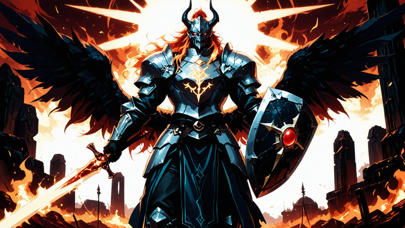 A Chelaxian Human Paladin of Iomedae standing alone at the gates of Hell itself refusing entry to a demon lord
