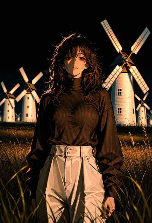 Art8st, masterpiece, best quality, 1girl, adult, mediium hair, messy hair, dark brown hair, black eyes, tired eyes, brown turtleneck sweater, ribbed collar, long sleeves, baggy white pants

liminal space, black sky, darkness, cold lighting, grass, isolated windmill in the distance, high contrast, depth of field, dynamic view