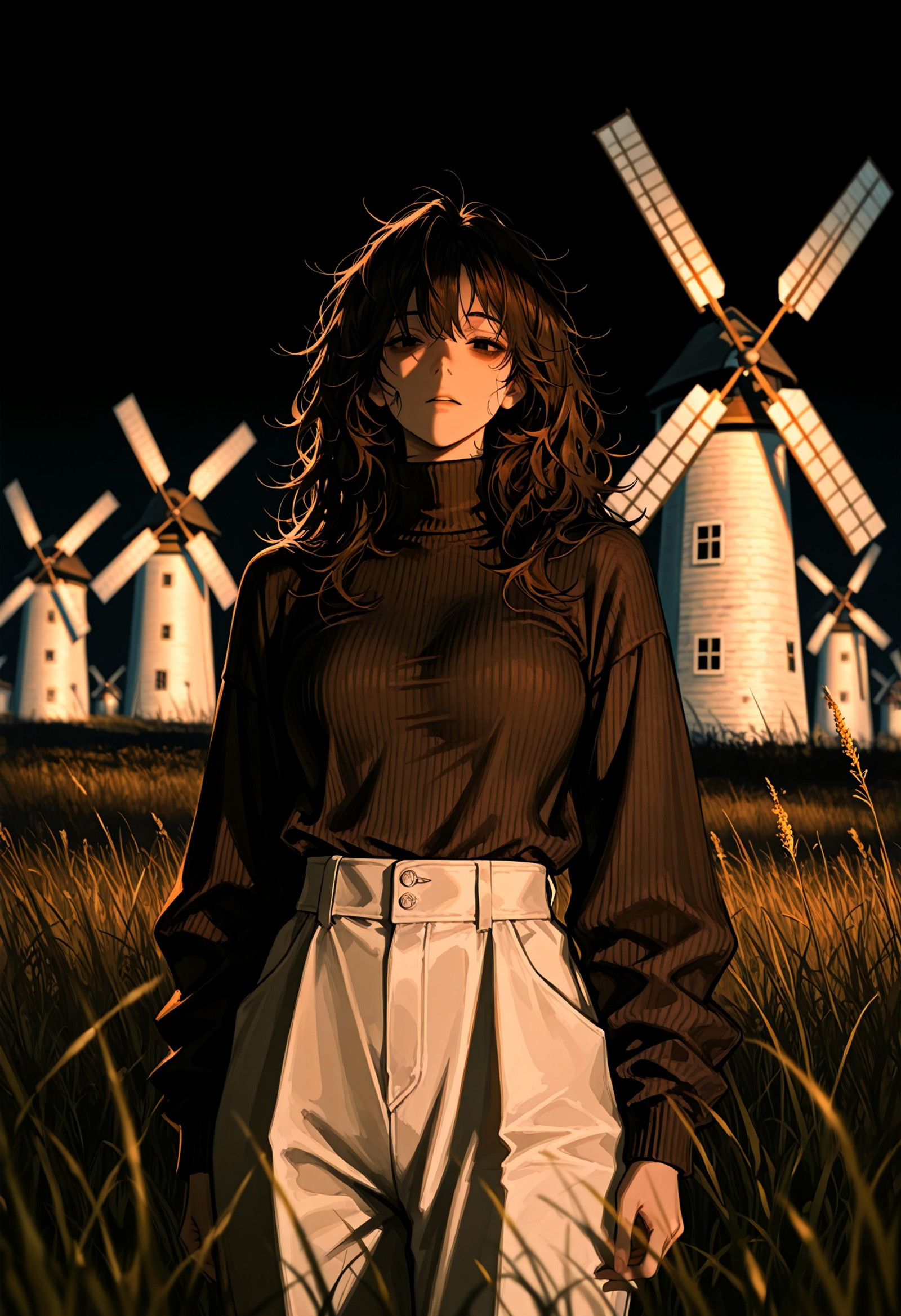 Art8st, masterpiece, best quality, 1girl, adult, mediium hair, messy hair, dark brown hair, black eyes, tired eyes, brown turtleneck sweater, ribbed collar, long sleeves, baggy white pants

liminal space, black sky, darkness, cold lighting, grass, isolated windmill in the distance, high contrast, depth of field, dynamic view