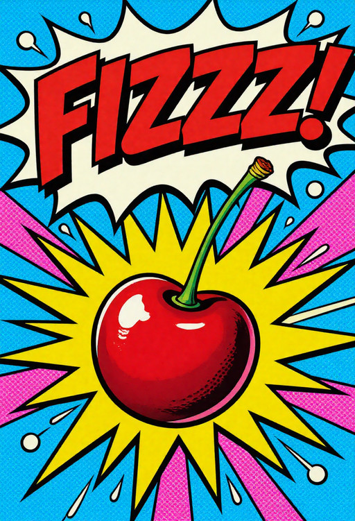 , pop art bold halftones, Giant bright red cherry floating in the center, classic pop art style like Roy Lichtenstein, massive exploding speech bubble saying 'FIZZZ!', intense cyan and hot pink Ben-Day dots background, thick black outlines, high contrast, vibrant comic book colors, retro 1960s advertising aesthetic