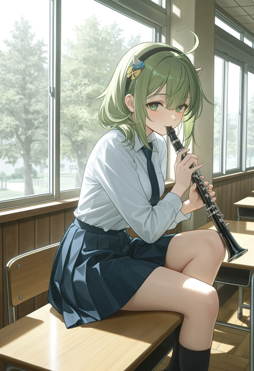 masterpiece, best quality, ultra-detailed, absurdres,
(Liduke:0.7), (Lal!role:1.2), (yunsang:0.5),(yoneyama mai:0.6),(misaka 12003-gou:0.6),(2024's animation style:0.8),(tarutaru_yamaoka:0.6), 
1girl,
(medium breasts:1.1), (green hair:1.2), green eyes, (small singular horn ornament:1.2), hair clip ornament, hair between eyes, japanese ahoge, inverted hair, medium hair, head band,

BREAK
(dynamic angle:1.6), solo, (dynamic pose:1.6)
 casual sitting pose resting wooden wind instrument on shoulder or lap, relaxed student posture, one leg crossed,  sitting on desk, desk sitting, using instrument, instrument of mouth, instrument action
 eye-level side view, medium shot framing, typical classroom perspective, portrait orientation, focus on character and school environment.
 holding clarinet or oboe casually, hands resting on instrument keys, relaxed grip, calm student demeanor, after-school music club vibe.
 youthful student energy, relaxed and comfortable, innocent school atmosphere, casual waiting pose, gentle feminine posture.
 wooden wind instrument, bright classroom, wooden desks and chairs, large windows, trees outside, school setting, daytime.
calm gentle expression, soft smile or neutral look, bright eyes, youthful anime features.
 well-lit classroom interior, rows of wooden desks and chairs, large clear windows, green trees visible outside, blue storage box in corner, sunlight streaming in, typical school atmosphere.
bright natural daylight, strong sunlight through windows, clear high-key lighting, soft shadows, fresh morning or afternoon school lighting, optimistic atmosphere.
 schoolgirl, classroom, instrument, clarinet, , school life, slice of life, bright lighting, window, trees, daily life, detailed background.