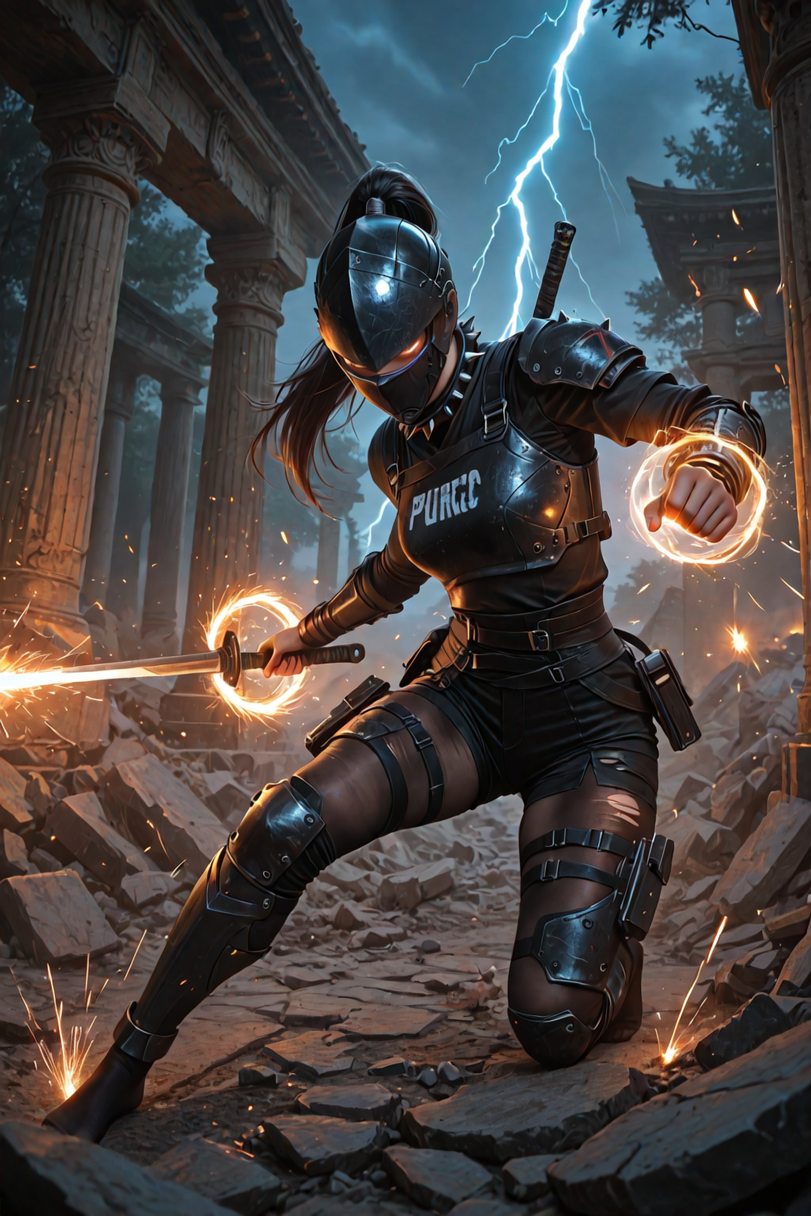 Look at Viewer
A cinematic realistic scene in 8K HD, [Centaur Forest humanoid upper torso fused with lean horse lower body, fierce combat clash between warriors], ancient ruined temple with crumbling stone pillars and flickering torchlight under stormy night sky,ripped opaque tights, black cotton high-waist shorts, asymmetrical shredded t-shirt sleeves, patched fabric, spiked collar, no shoes|, armored ninja gear on muscular forms], chaotic environment with debris flying and energy sparks in air, intense glowing eyes locked in battle, powerful poses with motion blur on strikes, intricate scars and weapon details visible, high detail textures on skin, rubble, and metal, photorealistic rendering, epic composition with depth of field, volumetric lighting from lightning, sharp focus, ultra-detailed, no artifacts, masterpiece quality.
