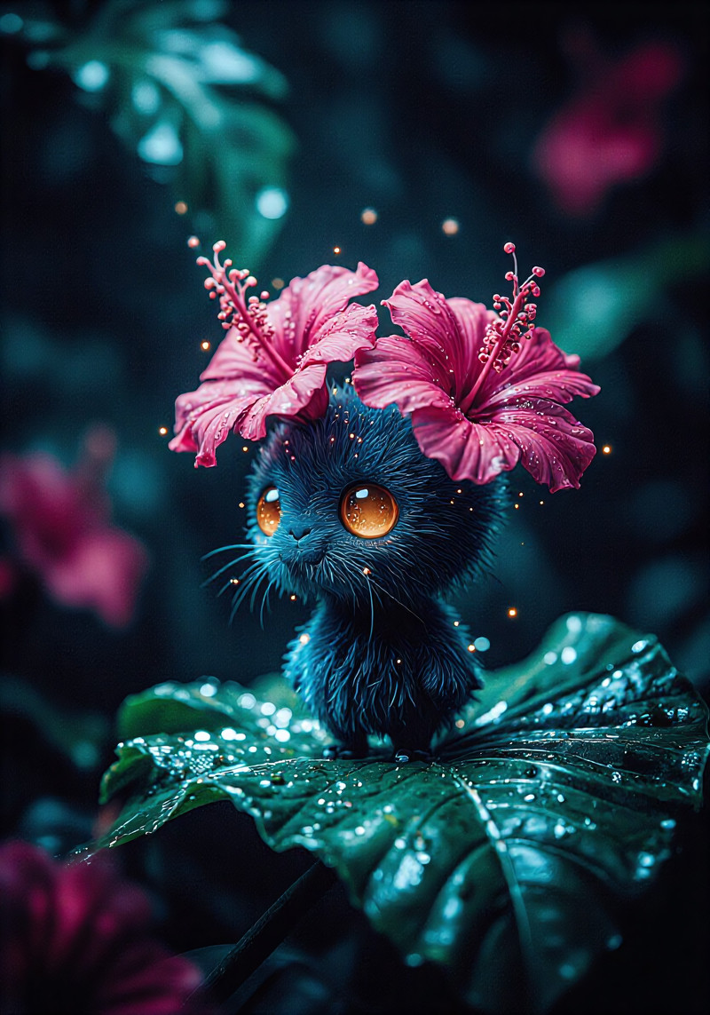 A tiny fuzzy flower-sprite standing on a glossy jungle leaf inside a dark bioluminescent garden, original vert