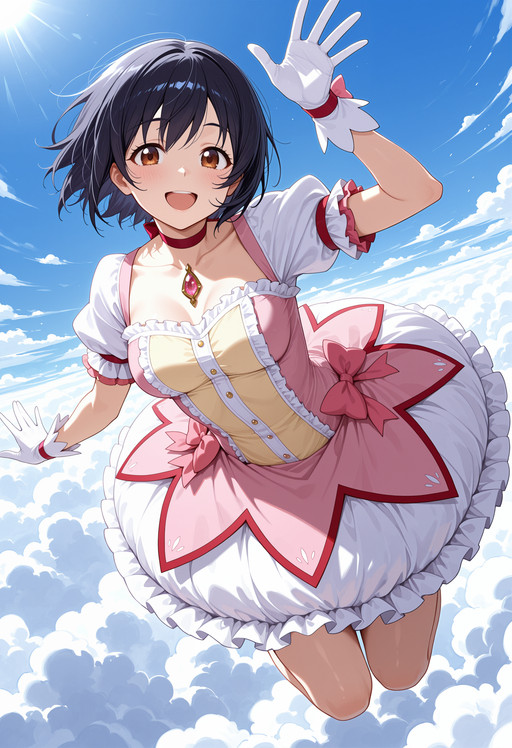 masterpiece, best quality, highres, absurdres, very awa, 1girl, solo, short hair, black hair, medium breasts, (kaname madoka \(cosplay\):0.8), frills, magical girl, pink bow, pink choker, pink dress, white skirt, bubble skirt, (outdoors:0.8), blue sky, cloud, day, midair, waving, hand up, brown eyes, chest jewel, pink gemstone, frilled skirt, white gloves, above clouds, arm up, bloom, sidelighting, looking at viewer, arm behind back, smile, open mouth