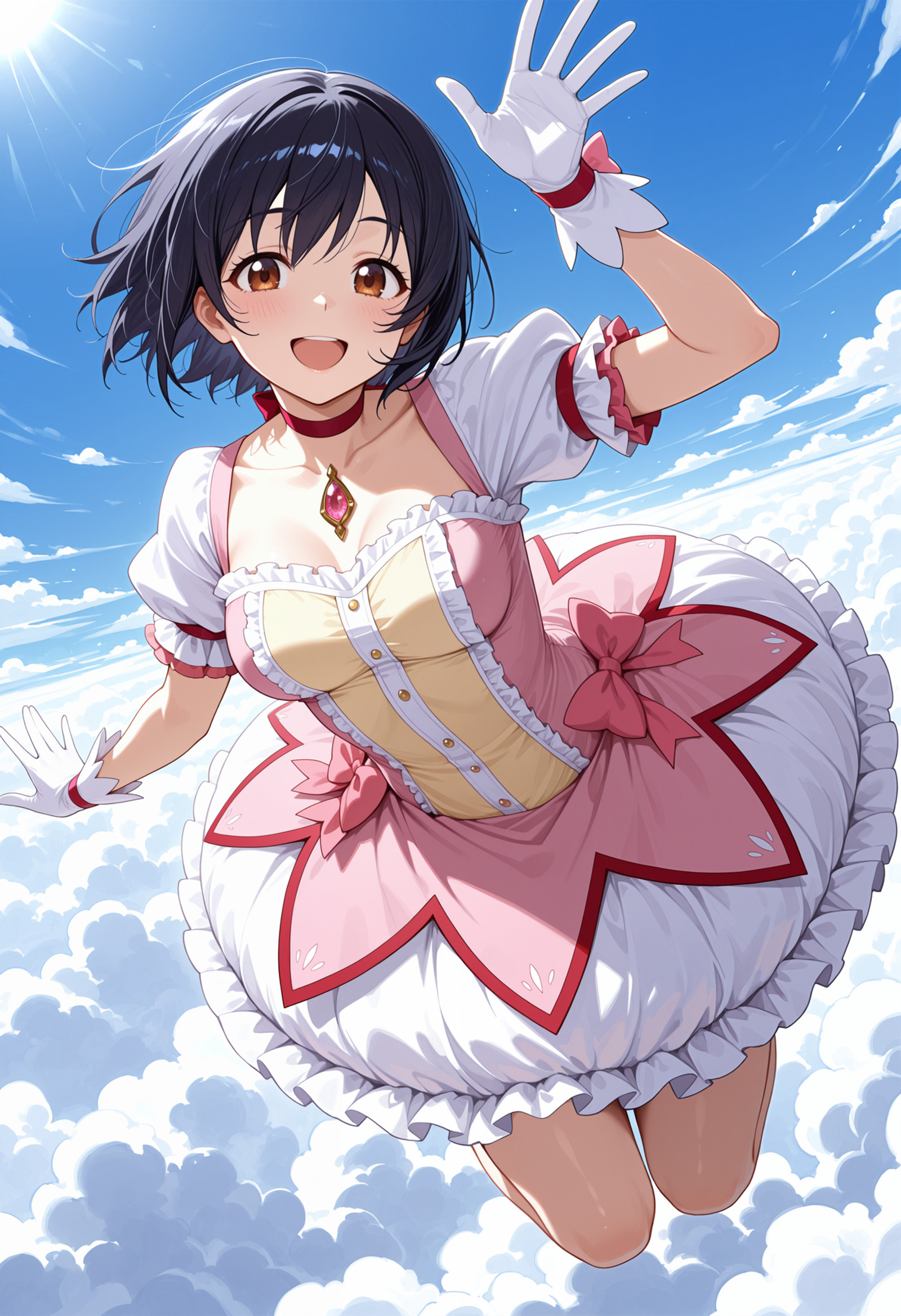 masterpiece, best quality, highres, absurdres, very awa, 1girl, solo, short hair, black hair, medium breasts, (kaname madoka \(cosplay\):0.8), frills, magical girl, pink bow, pink choker, pink dress, white skirt, bubble skirt, (outdoors:0.8), blue sky, cloud, day, midair, waving, hand up, brown eyes, chest jewel, pink gemstone, frilled skirt, white gloves, above clouds, arm up, bloom, sidelighting, looking at viewer, arm behind back, smile, open mouth