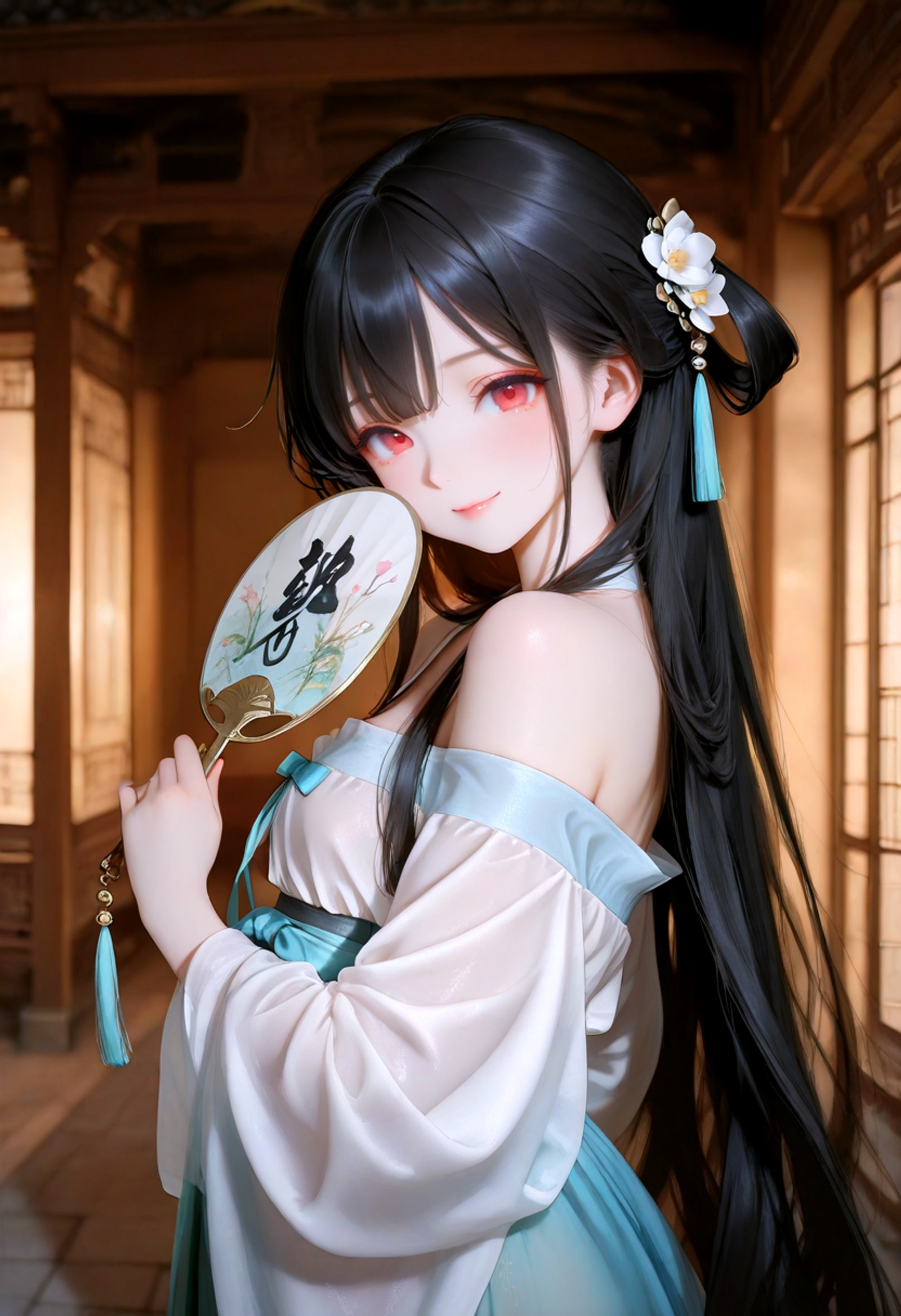 <lora:ughtstyle_y:1>,detailed,masterpiece,best quality,soft lighting,(volumetric lighting),(high-detail skin),
absurdres,amazing quality,HDR,dramatic lighting,8k,very aesthetic,ultra-detailed,best illustration,beautiful face,((perfect assets)),colorful,newest,ultra-HD,high resolution,(perfect hands),
1girl,hanfu,hair accessories,black hair,red eyes,holding a fan,Off shoulders.looking at viewer,smile,expression,outdoor,Chinese architecture,plum bossom,depth of field,