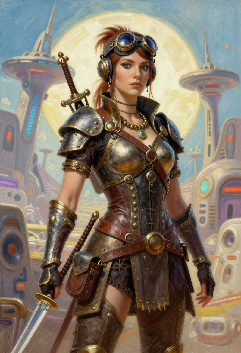 drawing, painting, color,Steampunk style, Luis Royo style, woman, warrior, futuristic, epic background