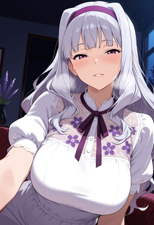 masterpiece,best quality,amazing quality,ultra detailed,1girl,solo,upper body,mature female,tall female,(shijou takane:1.2),looking at viewer,blush,light smile,breath,streaming body,parted lips,half closed eyes,(white dress,short sleeves,puffy sleeves,lace:1.2),lavender print,living room,dark room,night,