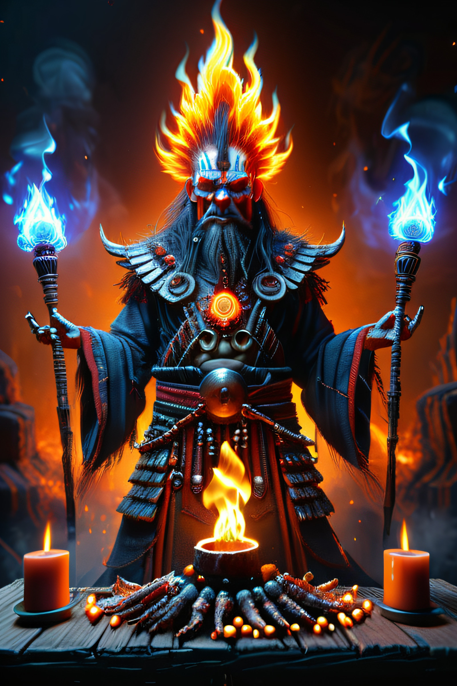 adrr shaman, flame broiler, ember particles, the sign"SHAMAN BUFFET" sign, (SHAMAN\symbol\) torch lit, humorous, photo realism