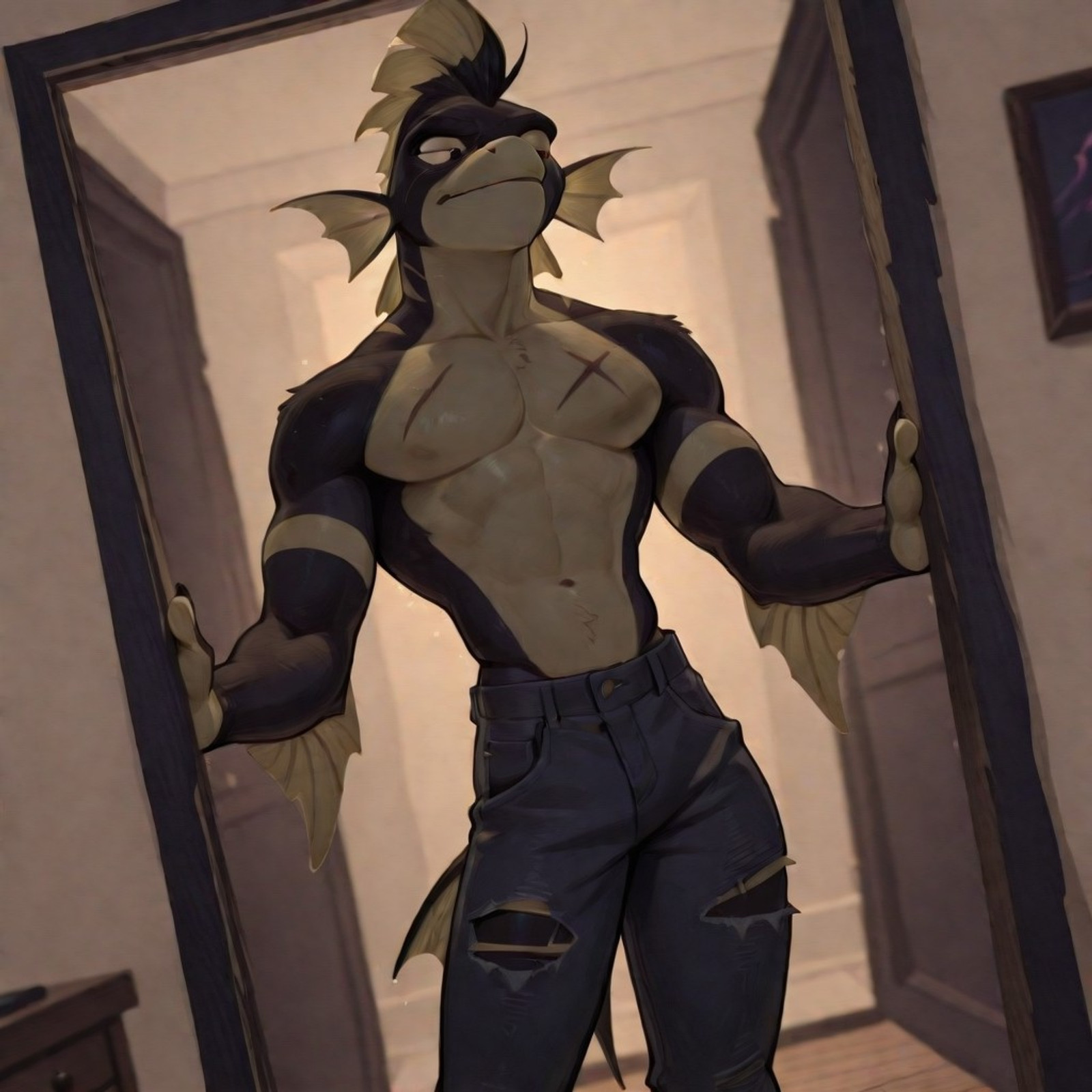 score_9, score_8_up, score_7_up, score_6_up, Best quality, high res, absurd res, ultra detailed, extremely detailed, absurdly detailed, insanely detailed, high resolution, wolfanine, depth of field, perfect background, detailed background, bedroom, warm lighting, dim lighting, night, gay, male, males only,black and white,sketch,traditional media,skeart BREAK Gill, fish, moorish idol, black, white and yellow banding skin, Mahogany Eyes, scars in face, long snout, fish tail, anthro, perfect face, handsome face, perfect anatomy, bara, muscular, lean, extremely tall, long legs, long arms, trim waist, tiny waist, slim waist, extremely narrow waist, standing, ripped jeans, contrapposto, standing in doorway, looking at viewer, seductive, motion lines      BREAK  Expressiveh, Dynamic positions, dynamic angle, dutch angle, Masterpiece, traditional, Excellent quality, clear, professional lighting, beautiful lighting,ScribbleRay