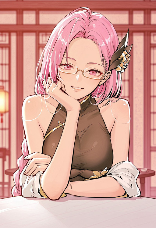score_8_up, score_9, masterpiece, best_quality, absurdres, masterpiece, (detailed face, detailed eyes:1.1), (((perfect anatomy, 5 fingers:1.5))), (((intricate lighting))), detailed shadows, gradient shadows, glossy skin, smooth rendering, vibrant colors, realistic coloring, source_manhwa,
1girl, solo, liuryyin, adult female, fair skin, (((fluffy hair))), long pink hair, hip-length hair, side-swept bangs, thick braided ponytail, dark pink eyes, slim build, large breasts, silver half-rim glasses, glasses with chain temples, golden floral hair ornament with black leaves,  Default_outfit, sleeveless black qipao-style top, high collar, gold piping trim, Chinese-inspired dress design, sheer black underlayer below the bust, layered torso clothing, (hagoromo cloth on forearms, long white silk streamers with gold reverse side:0.7), 
sitting at table, arms on table, one hand up, head tilt, head rest,
looking at viewer, parted lips, smile, charming,
(((upper body:1.3))), 
Indoors, Ancient china, Chinese fantasy, White round table, (((empty table))),