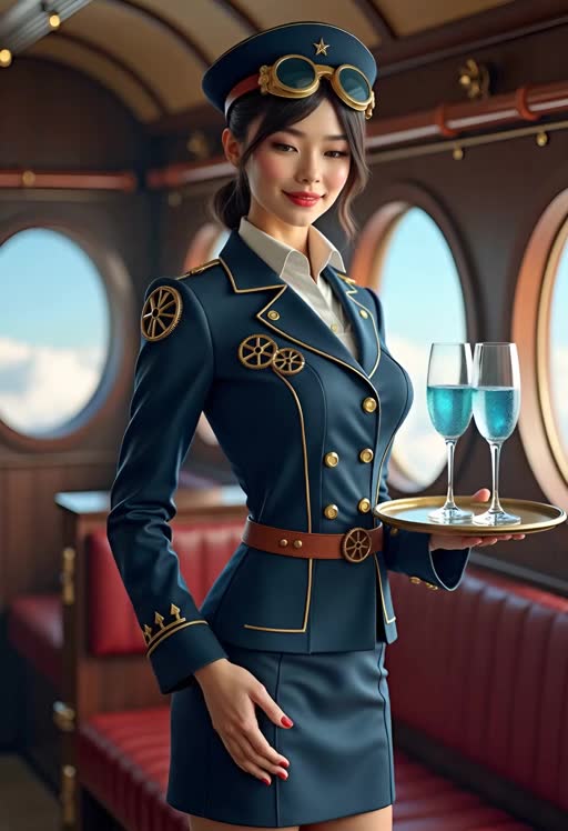 Stewardess trips a bit, glasses soar upward and land perfectly back on the tray. Stewardess curtsies, she save glasses.