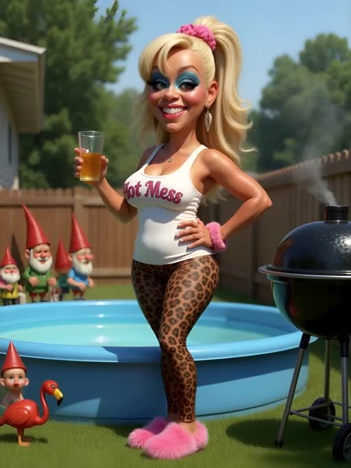 the girl cheers with her glass of beer and the garden gnome start dancing
