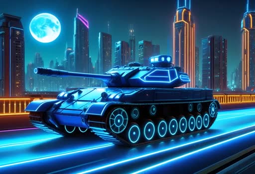On the road, outdoors, neon lights, glowing, city, skyscraper, building, sciencefiction, electricity, night, moon, moonlight, 
((The tank shines brightly, Tank transforms into a Transformer robot, and Run to the left))