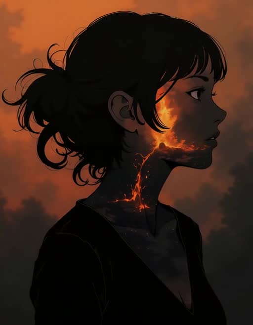 The short-haired woman stares into the distance with burning double-exposure flames across her face, fiery tendrils intensifying as she turns toward the viewer, eyelids fluttering subtly while glowing embers swirl upward, shadows deepening across the gradient inferno as the camera slowly zooms in to capture her smoldering vitality.